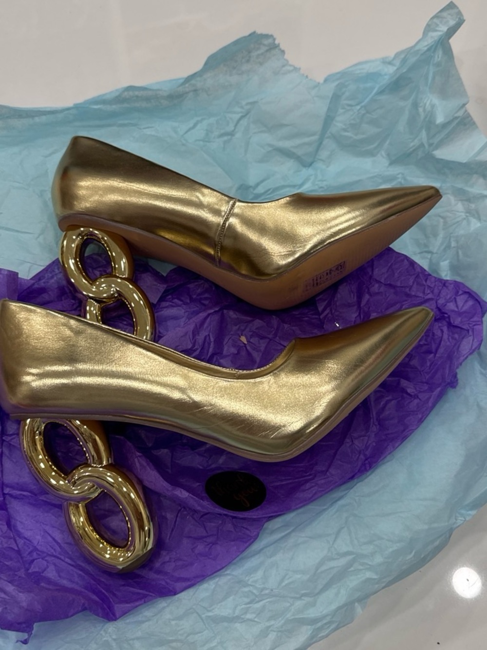 Metallic Gold Pointed-Toe Pumps with Sculptural Chain Heel